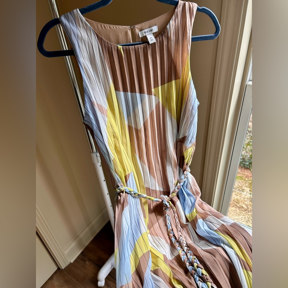 Nine West Pleated Midi Dress XS | Sleeveless Geometric Braided Belt Dress